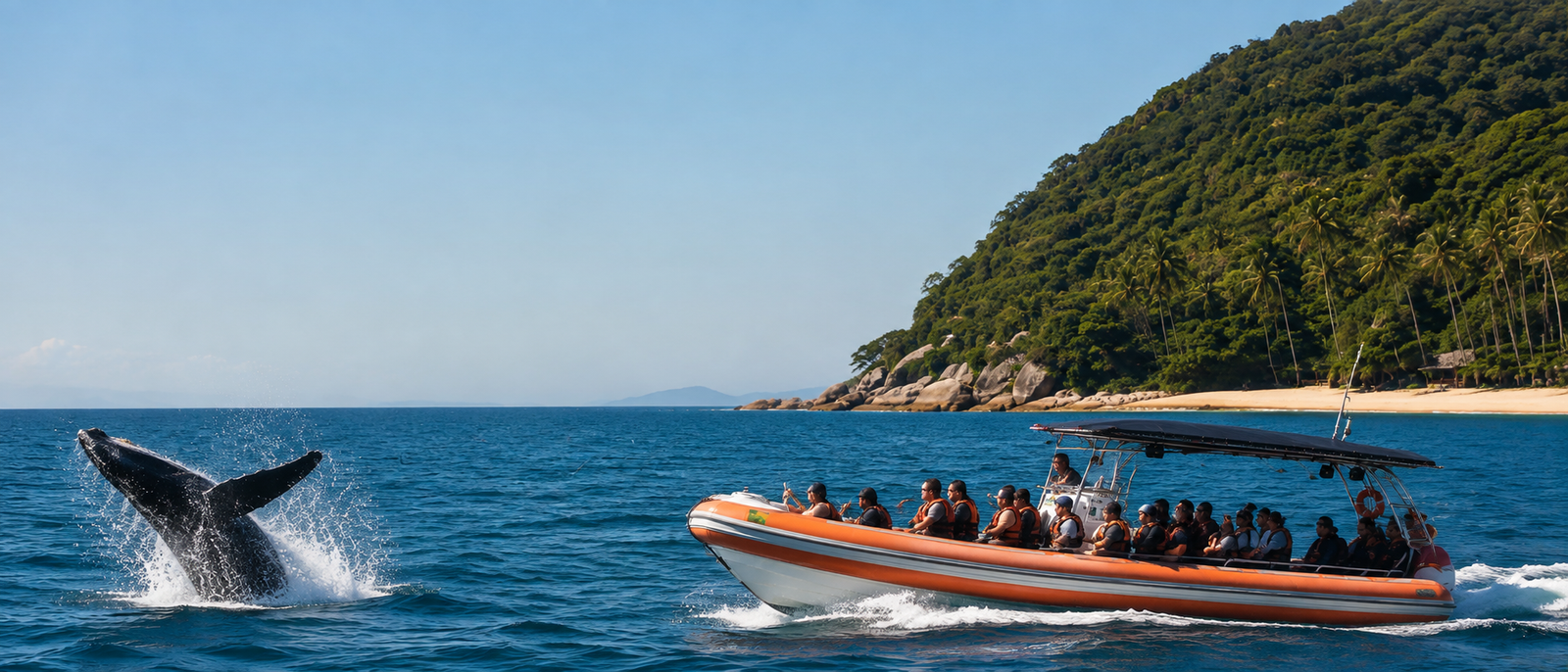 Baleia-jubarte saltando ao lado de um barco da Maremar, com a costa de Ilhabela ao fundo
